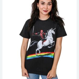 Black T-Shirt with Deadpool Unicorn and Rainbow Design
